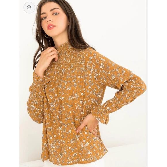 THML Mustard Smocked Floral Blouse Ruffle Sleeve Boho Chic Top Size Medium - Picture 9 of 10